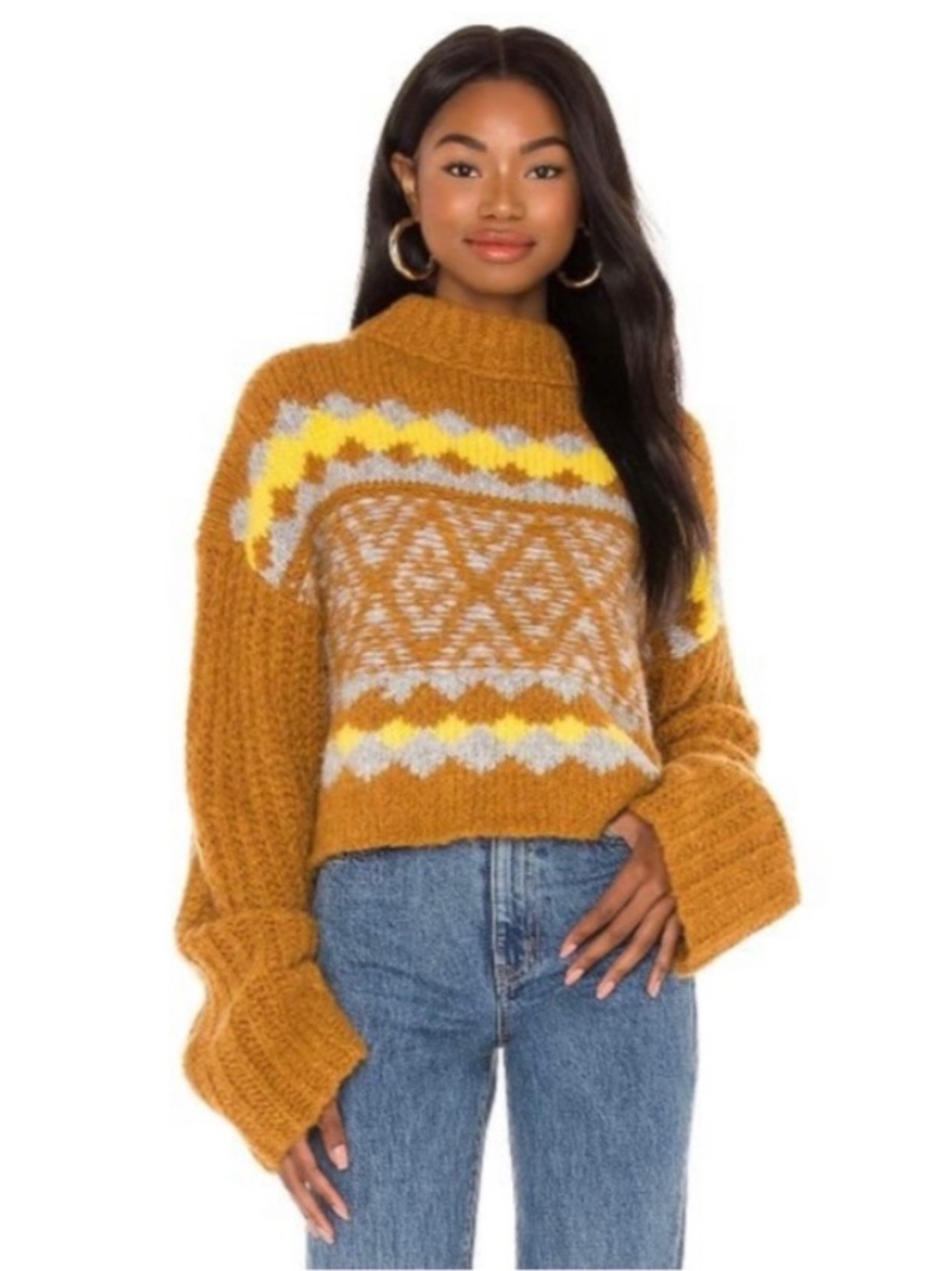 Free People LARGE Alpine Crop Mock Neck Sweater Wool Aplaca Blend in Mustard - Picture 2 of 10